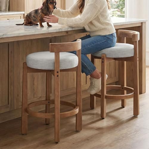 LukeAlon Mid Century Linen Counter Stools Set of 2, Upholstered 26.5" Seat Height Low Barstools with Natural Wood Legs Round Low Back Kitchen Stool with Footrest for Dining Room Pub Island, Light Grey by LukeAlon