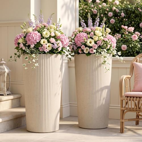 24" Tall Planters for Outdoor Plants with Insert, Set of 2 Cream by Outdoorchairs