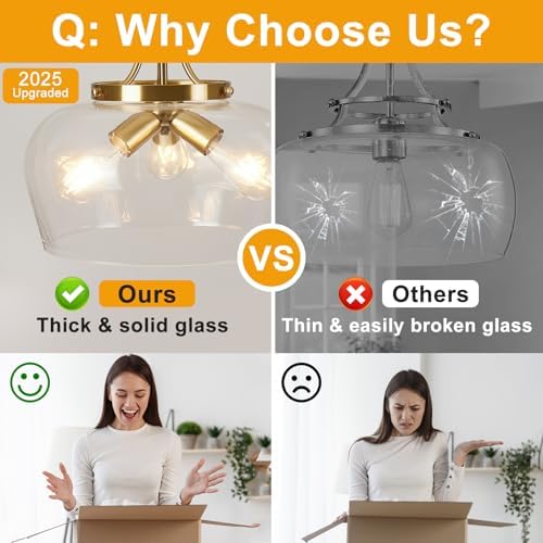 Modern Pendant Lights Kitchen Island, 3-Light Brushed Gold Pendant Light Fixtures with 14.2" Clear Glass Shade, Industrial Hanging Pendant Lights Fixture for Kitchen Island Dining Room Entryway Foyer - Image 6