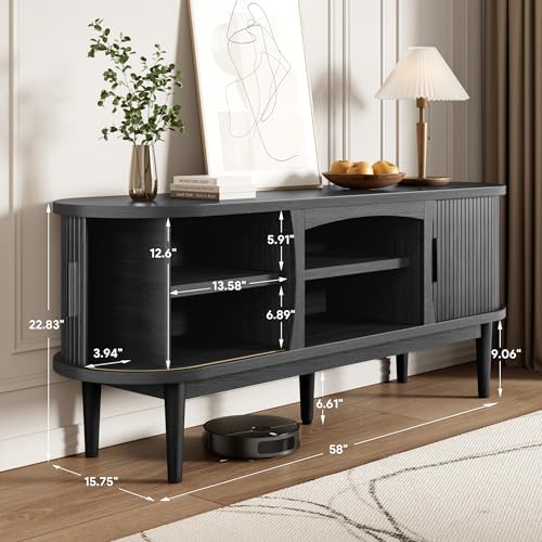 Decofy Mid Century TV Stand for TVs up to 65 Inches, Entertainment Center with Storage, Power Outlet, Fluted Sliding Doors & Adjustable Shelves, Modern Media TV Console Table for Living Room (Black) - Image 2