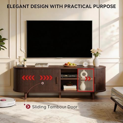 65" Mid Century Modern TV Stand with Power Outlet, Fluted Entertainment Center with Storage and Adjustable Shelves, Wood TV Console with Sliding Doors for Living Room, Walnut - Image 5