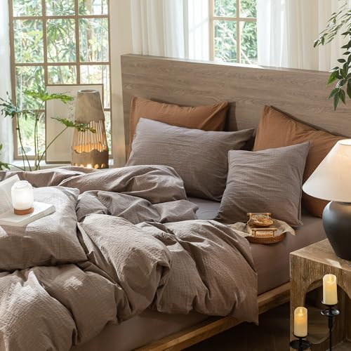 MooMee Wavy Striped Duvet Cover Set 100% Washed Cotton Linen Like Textured Breathable Durable Soft Comfy (Brown, King 104"x90") - Image 4