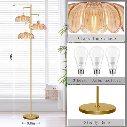 Dimmable Floor Lamp for Living Room Bedroom-3 Light Gold Floor Lamp with Glass Lampshape, Flower Tall Lamp Mid Century Modern Standing Lamp Glass Tree Floor Lamps for Living Room Bedroom,Corner - Image 5