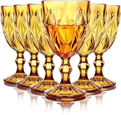 Yinder Glass Goblet Vintage Wine Goblet Embossed Glassware 10 oz Solid Color Glass Stemmed Cups for Iced Tea Beverage Soda Juice Water Liquor and Party Wedding Bars Restaurants(Amber,6 Pack) by Yinder