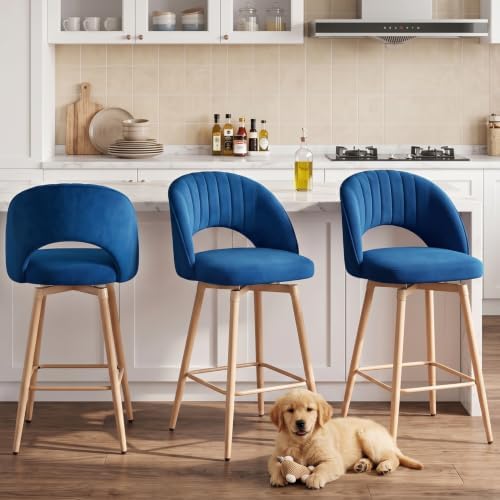 Swivel Bar Stools Set of 3, Counter Height Barstools for Kitchen Island, 26" Seat Height Bar Chairs for Dining Room, Upholstered Bar Stool with Back and Footrest, Blue by KRAMZMINGQualityHome