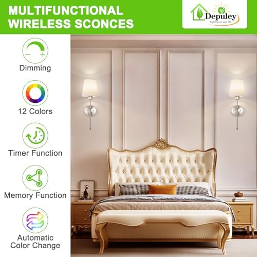 Depuley Battery Operated Wall Sconce: Set of 2 Wireless Wall Lights with Remote for Bedroom - Rechargeable 15 Colors 19.9" Wall Lamp for Living Room Hallway Decor - Image 2
