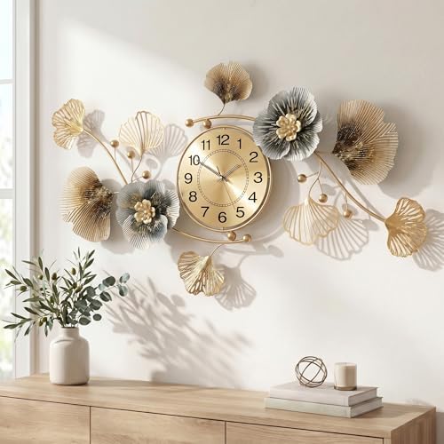 33" 3D Ginkgo Leaf Metal Wall Clock for Home Wall Decor by Axioglo