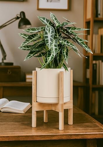 D'vine Dev Ceramic Pot with Natural Wood Stand, Oatmeal, 8 in, 55-B-N-8 - Image 2