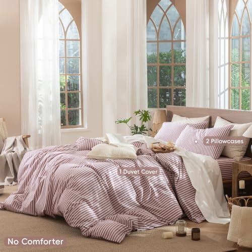 MooMee Striped Duvet Cover Set 100% Washed Cotton Linen Like King - Image 2