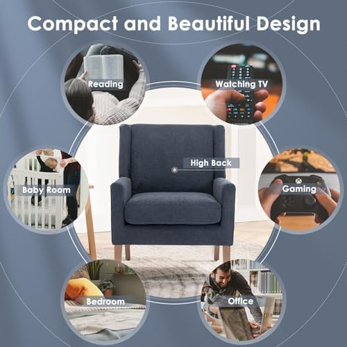 COLAMY Modern Wingback Living Room Chair, Upholstered Fabric Accent Armchair, Single Sofa Chair with Lounge Seat and Wood Legs for Bedroom/Office/Reading Spaces, Blue - Image 5