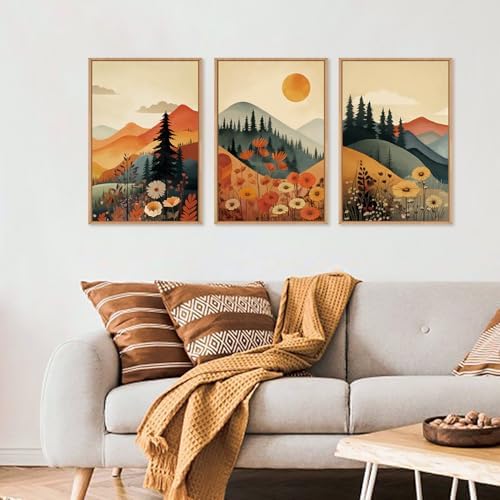 LHIUEM Large Boho Mountain Sunset Framed Canvas Wall Art Set, Pine Tree Flowers Wall Decor, Nature Landscape Forest Artwork for Living Room,Bedroom,Dining Room,Office -24"x36"x3 - Image 2