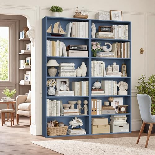 FOTOSOK 6 Tier Tall Bookshelf and Bookcase, Open Display Shelves, Blue 2PK by FOTOSOK
