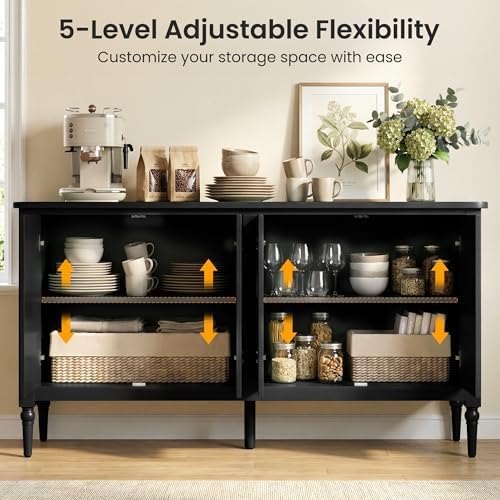 RoyalCraft Buffet Cabinet with Storage, 59" Vintage Sideboard with Adjustable Shelves, Mid Century Modern Painted Credenza Coffee Bar for Kitchen, Dining Room, Entryway, Living Room, Satin Black - Image 4
