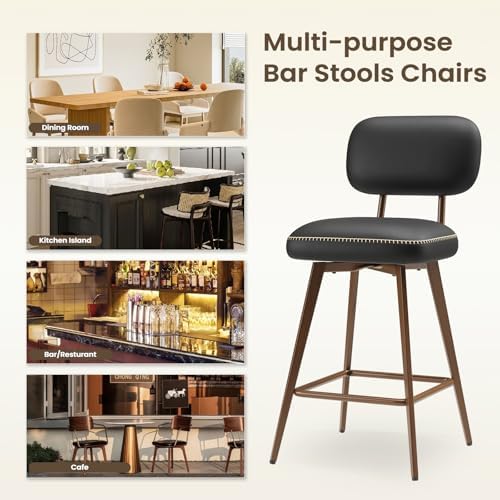 MALOL 26“ Swivel Bar Stools Set of 2, Mid Century PU Leather Counter Height Bar Chairs with Low Back and Metal Legs, Modern Bar Stool Chair for Kitchen Island, Black - Image 5
