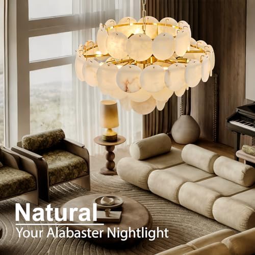 D31.5 Round Alabaster Chandelier, 4-Tier Brass Marble High Ceiling Chandeliers, 12-Light Modern Dimmable Pendant Light for Living Room Dining Room Bedroom Foyer Hallway Kitchen (Include Bulbs) - Image 2