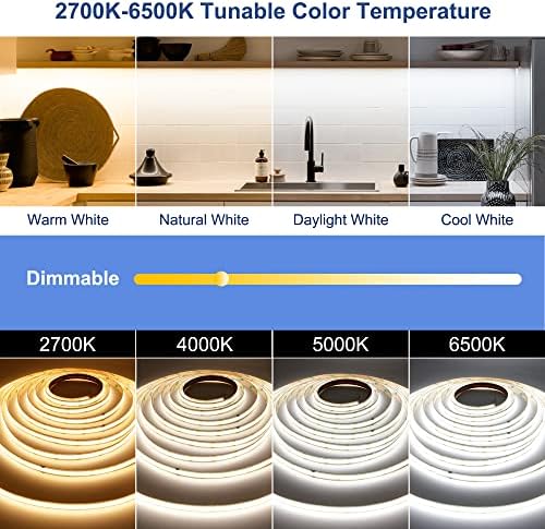 CCT COB LED Strip Lights,24.6ft Dimmable 2700K-6500K 24V Tunable White LED Light Strip Kit, High Density CRI 90+ LED Strips with Remote Controller and Power Supply, for Bedroom Kitchen Home Lighting - Image 3