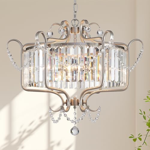 Modern Crystal Chandelier for Dining Room 24" Brushed Nickel Light Fixtures 6-Light Farmhouse Pendant Lighting for Kitchen Island Bedroom Hallway Entryway by Majhoiw