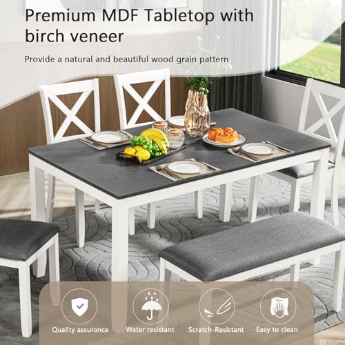 Harper & Bright Designs 6-Piece Wooden Dining Set for 6,Kitchen Furniture Set with Cross Back 4 Dining Chairs and Bench,White+Gray - Image 3