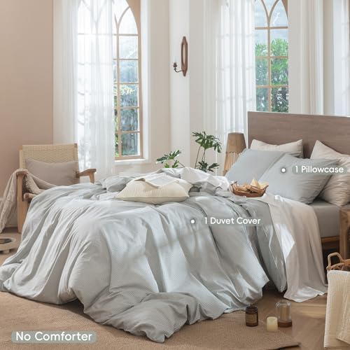 MooMee Striped Duvet Cover Set 100% Washed Cotton Linen Like Twin - Image 2