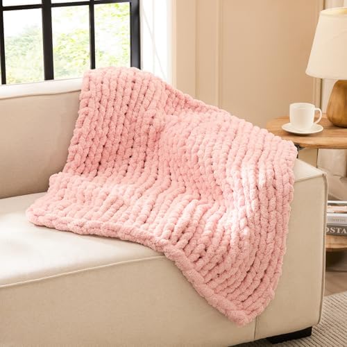 L'AGRATY Chunky Knit Throw Blanket for Couch, 30'' x 40'' Knit Throw, Pink by LAGRATY