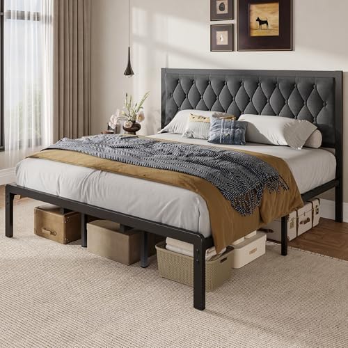 Fluest King Bed Frame with Headboard Linen Upholstered Bed Frame Platform,All Metal Slats Support Platform Bed Frame with Storage Space,Easy Assembly,Noise Free,No Box Spring Needed,Grey - Image 3