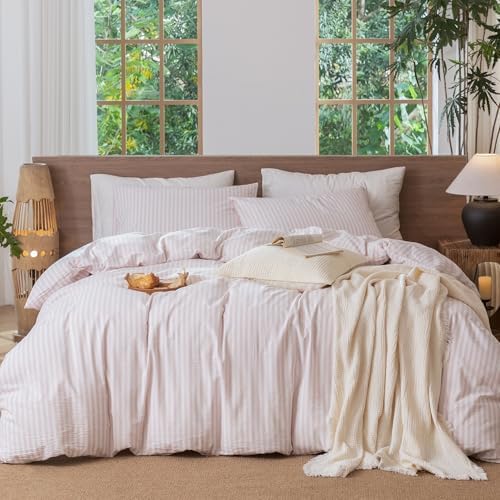 MooMee Striped Duvet Cover Set 100% Washed Cotton Linen Like Twin by MOOMEE