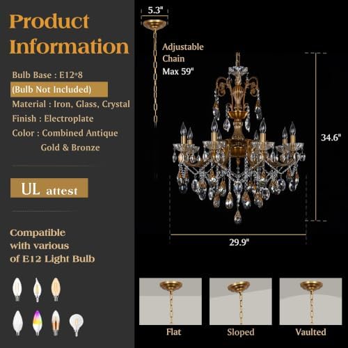 Antique Gold Bronze Crystal Chandeliers Candle Style Pendant Light - Image 5