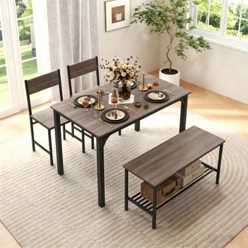Dining Table Set for 4 with Storage Bench & 2 Chairs, Gray Oak by BUYNOW