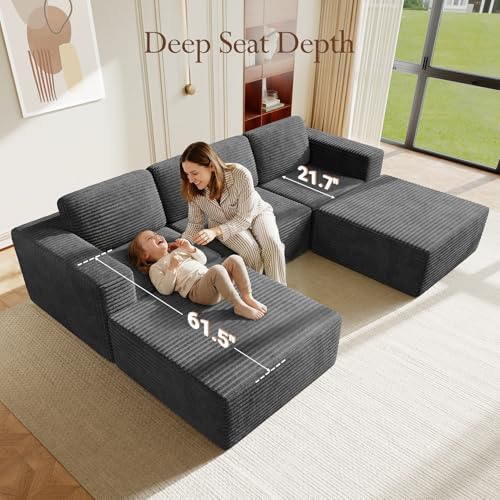 Vesgantti 119" Oversized U-Shaped Modular Sectional Sofa, Corduroy Cloud Couch with Deep Seating & Spring Support, Convertible Sofa with 2 Ottomans, Boneless Couch, No Assembly Required, Grey - Image 5