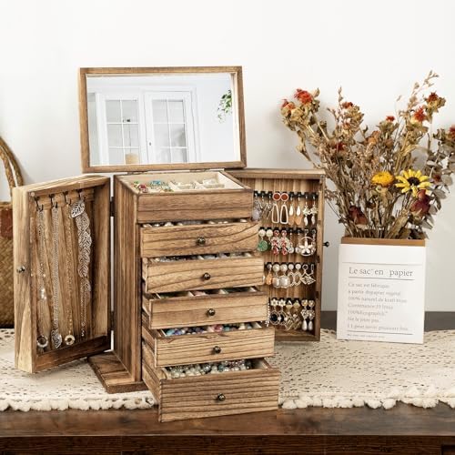 Emfogo Wooden Jewelry Box for Women, 6-Tier Large Jewelry Organizer Boxes with Mirror Rustic Solid Wood jewlery Storage Display for Rings Earrings Necklaces Bracelets watches(Carbonized Brown) - Image 4