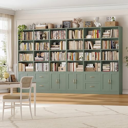 HOSTACK 71" Tall Triple Wide Bookshelf with Storage Drawers & Doors, Green - Image 2