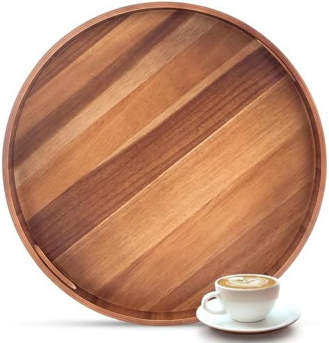 20 Inch Ottoman Coffee Table Tray with Handles, Large Round Wooden Serving Tray, Big Decorative Kitchen Organizer Giant Sofa Storage Trays Huge Counter Serveware by DecentVrvege