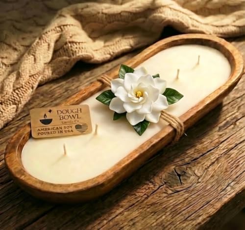 Dough Bowl Candle Co. Gardenia Candle - 100% Soy Candles for Home Scented, 17x5 Large 6 Wick Luxury Home Decor, Aromatherapy Gifts for Summer Spring, Large Decorative White Wax in Wood Bowl, 70H by Dough+Bowl+Candle+Company