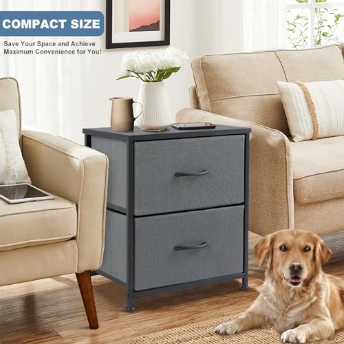 DUMOS Nightstand Small Dresser with 2 Fabric Drawers Side Bedroom End Table Kids Bedside Storage Furniture for 20 inch Tall Night Stand for Closet, Entryway, College Dorm, Grey - Image 2