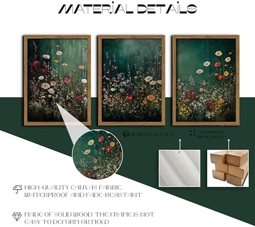 Vintage Wildflower Wall Art Set of 3, Moody Dark Green Flower Botanical Wall Decor Paintings,Nature Floral Farmhouse Landscape Posters Prints Pictures for Living Room Bedroom 12x16 Inch Wood Framed - Image 3