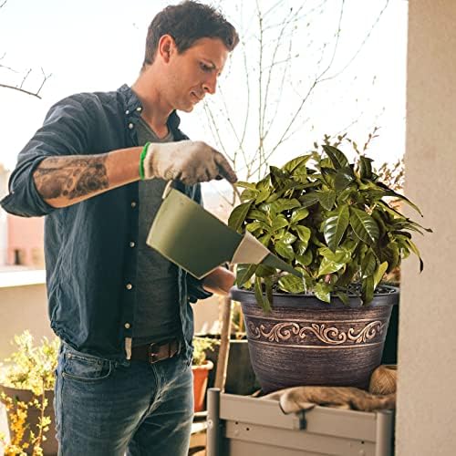 Plastic-Plant-Flower-Planters-14 Inch With Drainage Hole & Saucer, 3 Packs Lightweight Large Resin Flower Pot Indoor Outdoor, Retro Antique Imitation Decorative Garden Containers Sets For Houseplants - Image 6