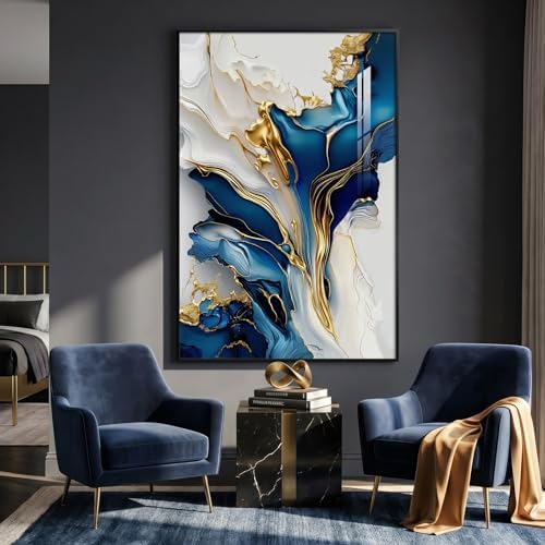 Extra Large Framed Blue White and Gold Abstract Wall Art, Vertical 40x60 In - Image 3