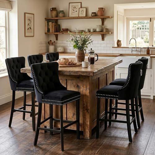SoarFlash Modern Velvet Upholstered Bar Stools Set of 6 with Wood Legs, Button Tufted,Chrome Nailhead, Counterstool Seat, Armless Bar Chairs (Black) by SoarFlash