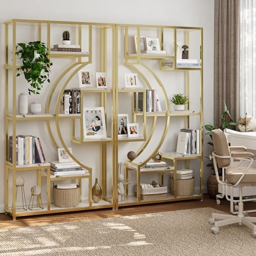 HolliWill Modern Book Shelf, White and Gold Bookshelf, 70.8 Inch Tall Etagere Bookcase, Set of 2 Geometric Display Shelves for Living Room, Bookcases/Bookshelf with Metal Frame for Home Office - Image 3