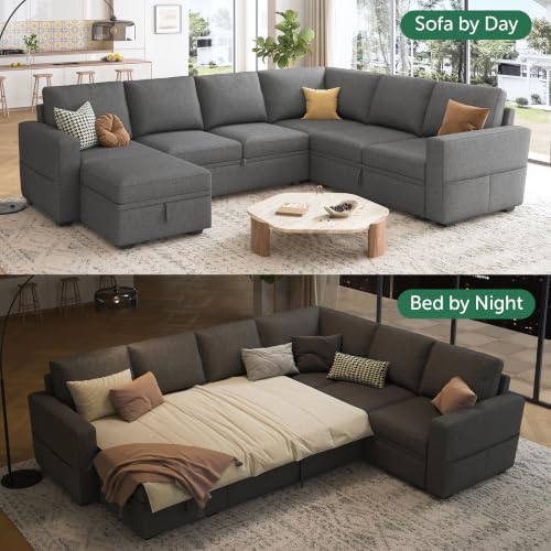HONBAY Sectional Sleeper Sofa with Pull Out Bed, U Shaped Couch with Storage, Modular Sectional Couches for Living Room, Dark Grey - Image 3