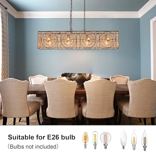 4-Lights Rectangle Crystal Chandelier for Dining Room, 42.12" Vintage Bronze Finish Large Chandeliers for High Ceilings, Flush Mount Pendant Light for Living Room Kitchen Island Bar - Image 3