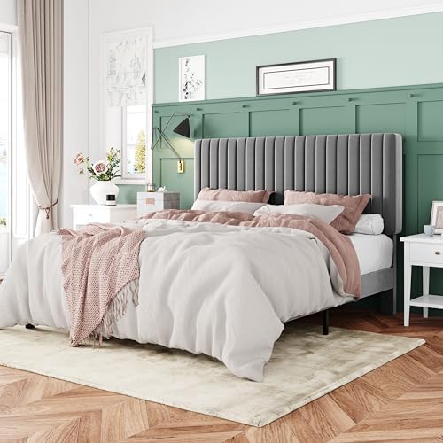 Allewie Full Bed Frame, Velvet Upholstered Platform Bed with Adjustable Vertical Channel Tufted Headboard, Mattress Foundation with Strong Wooden Slats, Box Spring Optional, Easy Assembly, Grey by Allewie