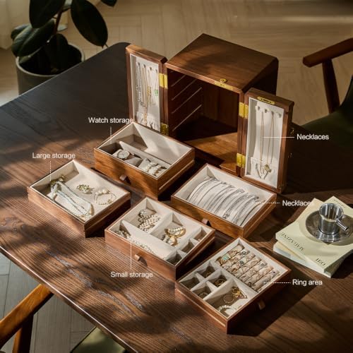 Lockable Walnut Jewelry Box with Key, 5-Layer Jewelry Storage Box - Image 3