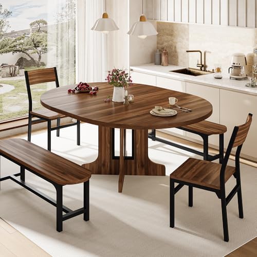 iPormis 5-Piece Round Dining Table Set for 4-6, 59" Extendable Dining Room Table Set with 2 Ergonomic Chairs & 2 Benches, Oval Modern Dinette Table with MDF Board and Metal Frame, Space-Saving, Walnut by iPormis