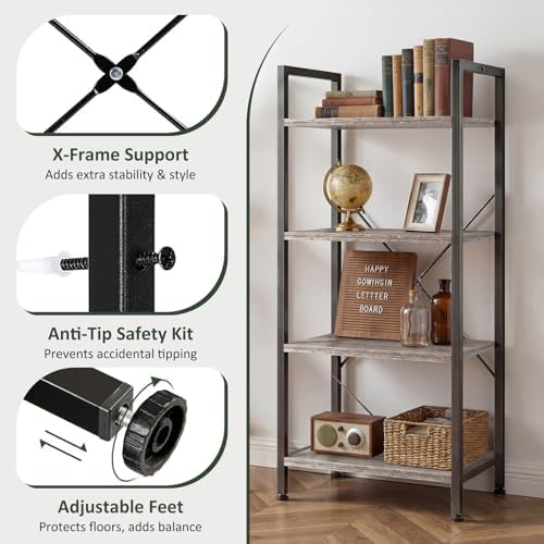 4 Tier Bookshelf, Free Standing Bookcase with Open Storage Shelves - Image 4