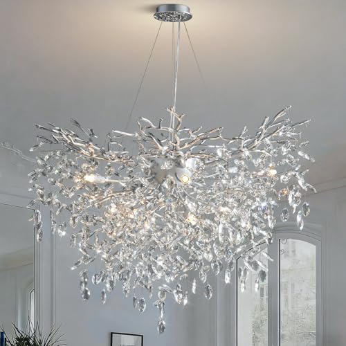 YUYI 40" Silver Tree Branch Chandelier, 12-Light Modern Crystal Chandelier, Round Chandeliers for Dining Room, Living Room, Foyer, Entryway, Kitchen, Bedroom, Luxury K9 Crystal Raindrop Light Fixture by YUYILIGHTING