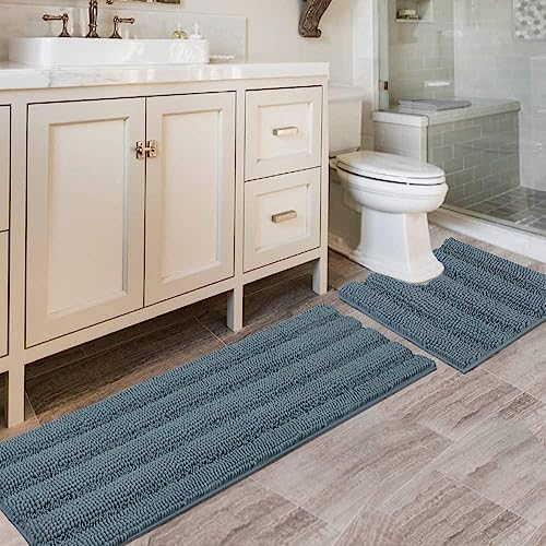 H.VERSAILTEX Bathroom Rugs Bath Rug Set 2 Piece Bathroom Contour Rug Toilet Mat Sets Non Slip Contour Bath Rug Ultra Thick Water Absorbent Striped Bath Mats(47" x 17" Plus 20" x 20" U, Stone Blue) by HVERSAILTEX