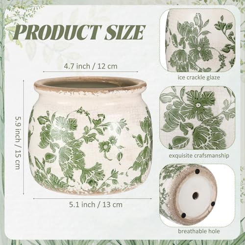 2 Pcs Vintage Planter Ceramic Plants Pot with Drainage Ice Crack Scroll Flower Vase Pot for Indoor Outdoor Plants Home Kitchen Decor Gifts (Vintage Floral,5.9") - Image 2