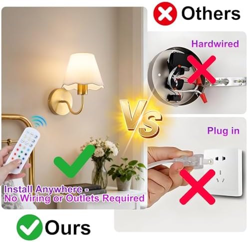 ADISUN Battery Operated Wall Sconce Set of 2, Gold Wall Lamps Rechargeable Bulbs for Living Room, White Rattan Shade, Wireless Wall Lights for Bedroom Living Room Hallway Kitchen(2 Bulbs Included) - Image 6