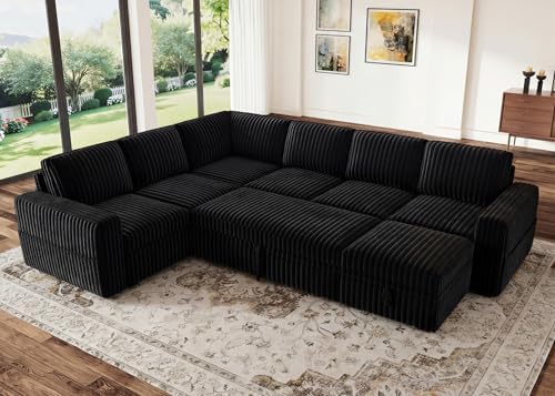 HONBAY Modular Sectional Sleeper Sofa with Pull Out Bed,Corduroy U Shaped Couch with Storage, Sectional Couches for Living Room,Black by HONBAY